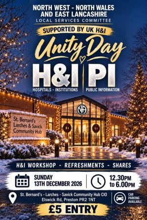 The North West England and North Wales/East and Central Lancashire Local Services Unity Day marks the recent merger of the two regions and the establishment of a shared services committee. This event aims to celebrate the unification and provide members with information about H&I and PI services within the combined regions. It will feature a UKH&I workshop, along with presentations on service and fostering togetherness.