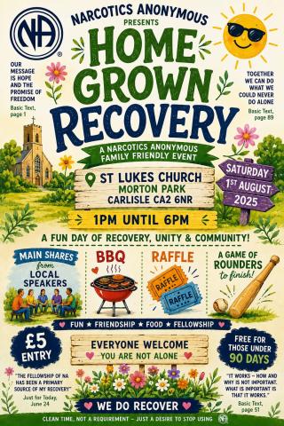 Home grown recovery, speakers from our local fellowship.Barbeque and rounders.