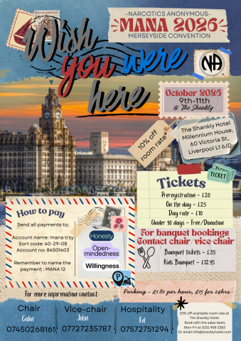 Flyer describing NA convention in Liverpool hosted by the MANA convention committee.